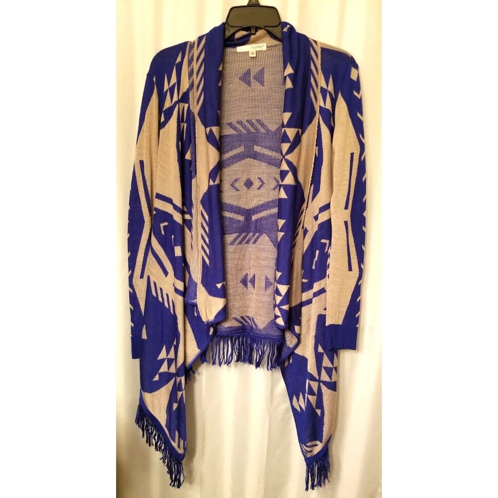 Women's Knit Cardigan Blue & Gray Fringe Edges Aztec BOHO Open Front Size Small